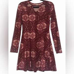 Mudd Y2K Floral Print Cut Out Long Sleeve Jersey Knit Skater Swing Dress Sz S